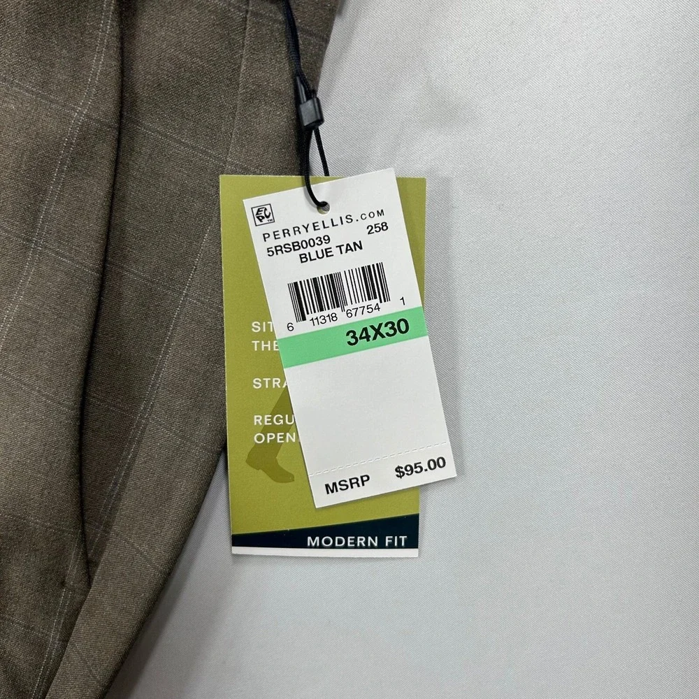 Perry Ellis Dress Pants Mens 34x30 Dark Beige Window‎ Modern-Fit NEW
